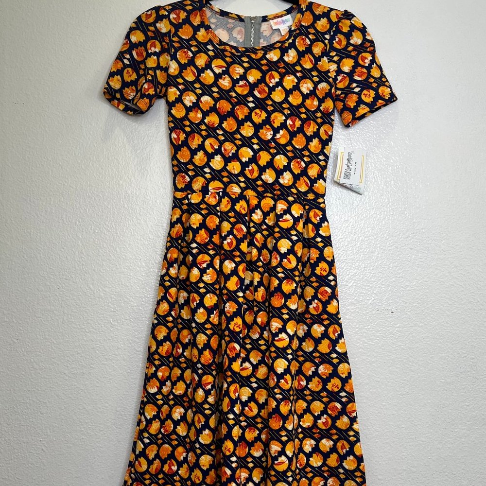 NWT LulaRoe Amelia Brown‎ Mustard Red Floral Dress Size XXS